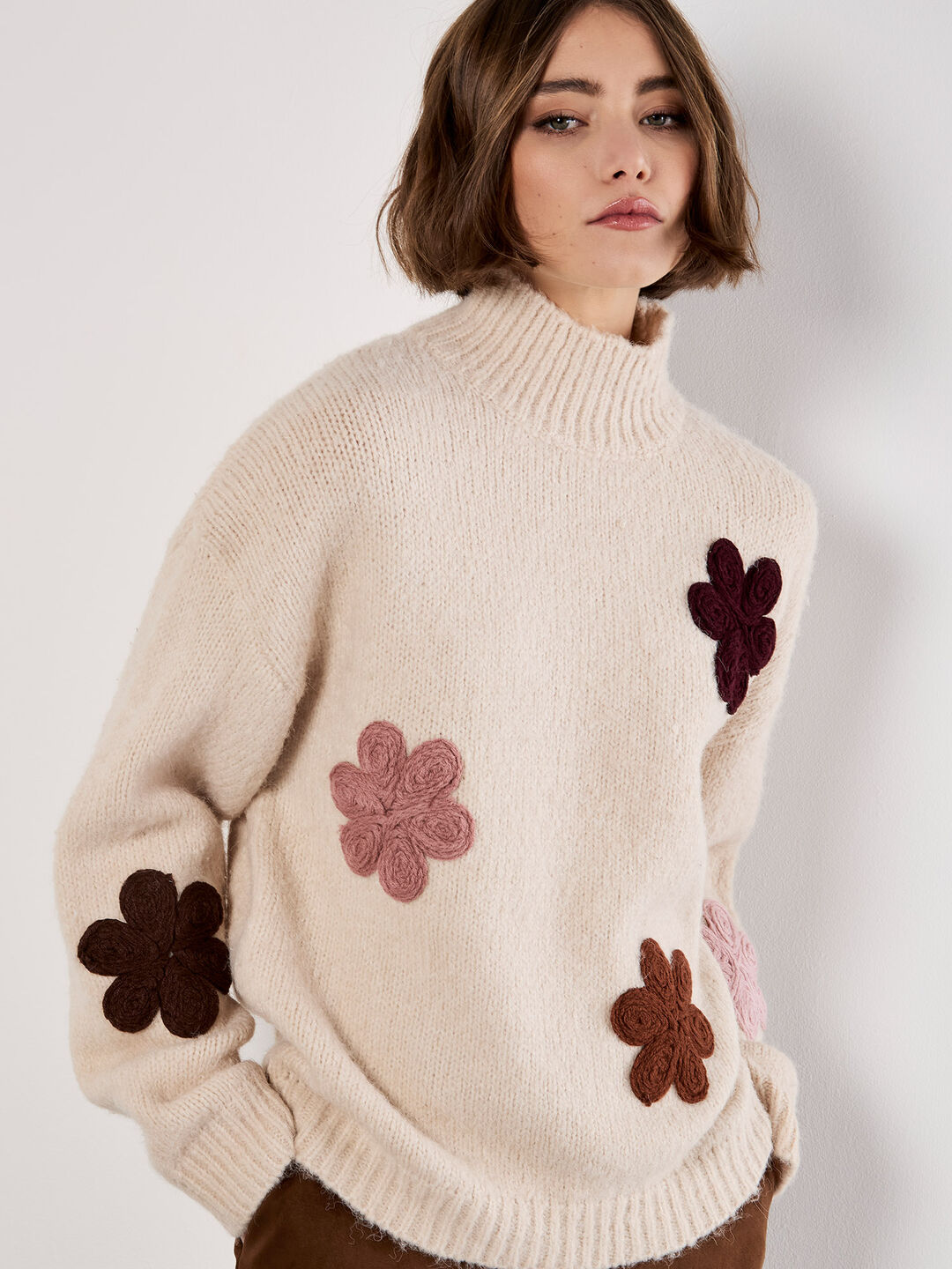 Apricot Embroidered Flower Mock Neck Jumper Stone