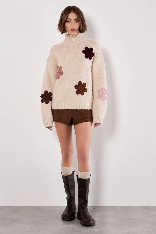 Apricot Embroidered Flower Mock Neck Jumper Stone