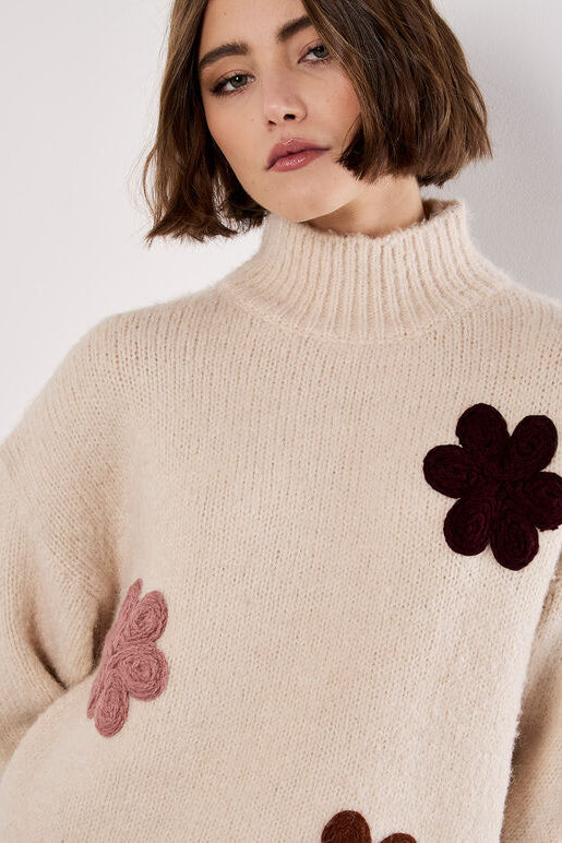 Apricot Embroidered Flower Mock Neck Jumper Stone