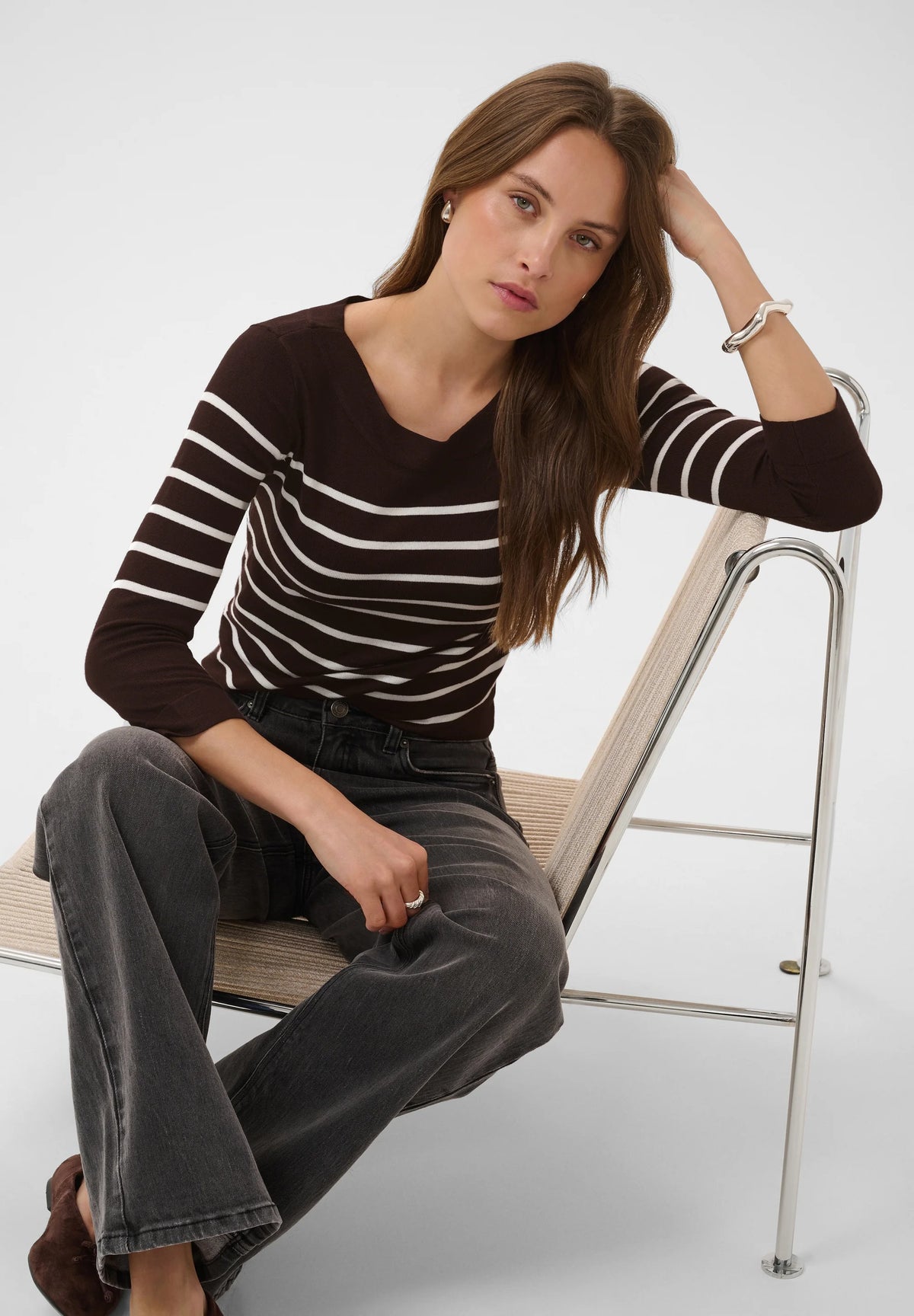 Kaffe KAlizza Boatneck Pullover Coffee Bean/Chalk Stripe