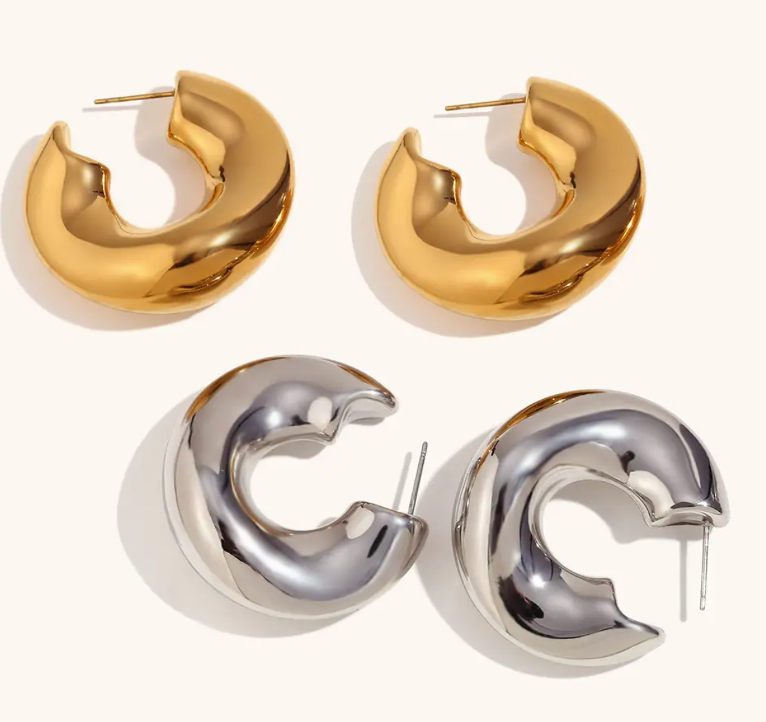 HoopLa - Wave Puffy Hoop Earrings Silver Steel