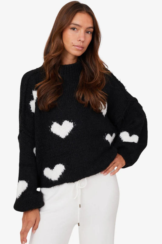 Astrid Women's Knit Sweater Black w/White Hearts