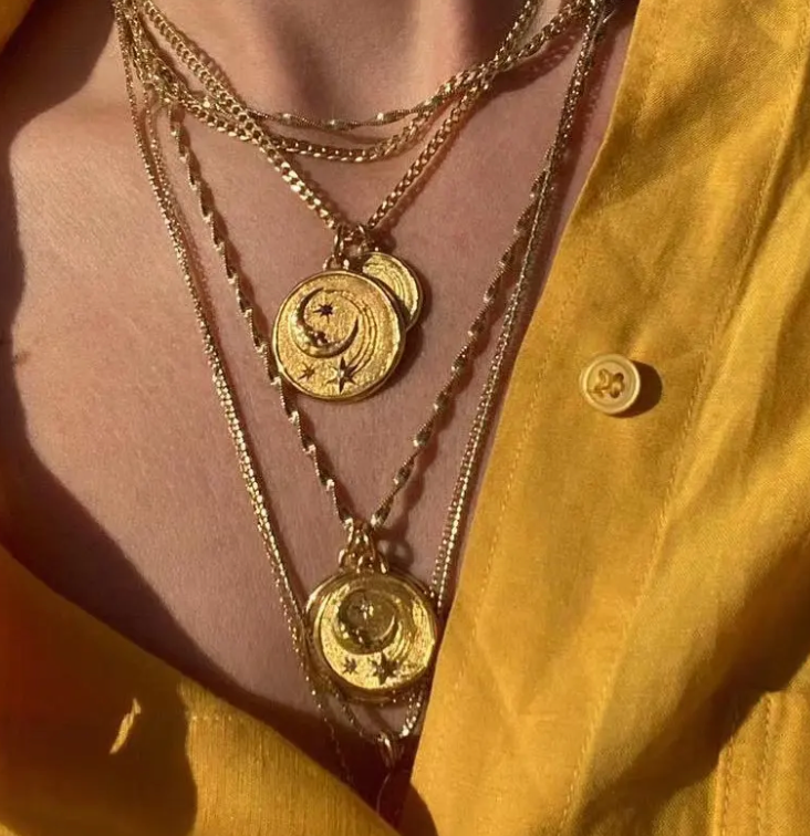 HoopLa -  Athena Luna Coin Charm Necklace- 2 lengths14K gold: Necklace