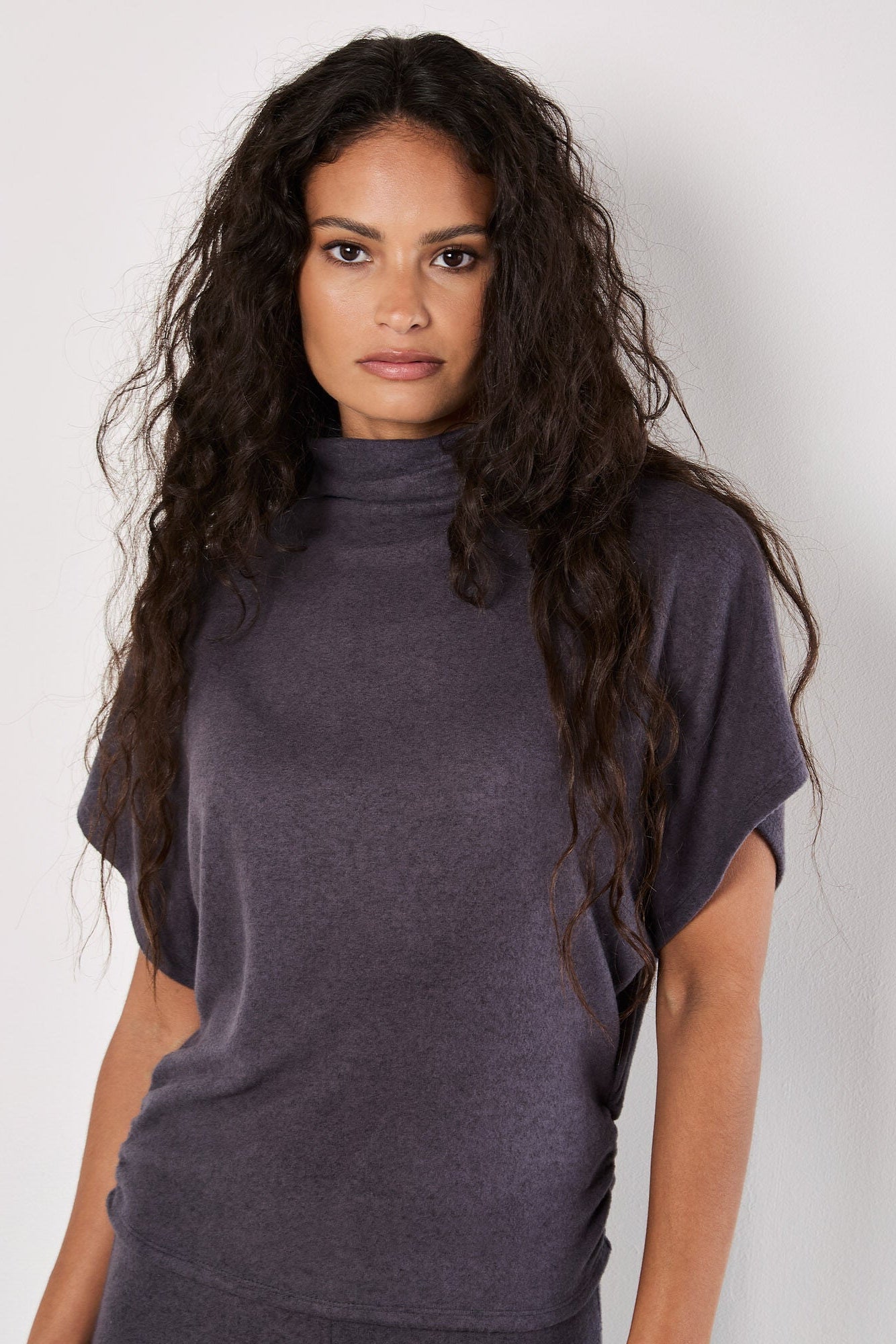 Apricot Soft Touch Side Ruched Top Dark Grey