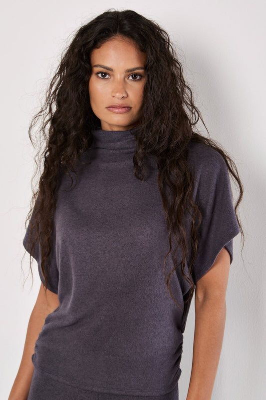 Apricot Soft Touch Side Ruched Top Dark Grey