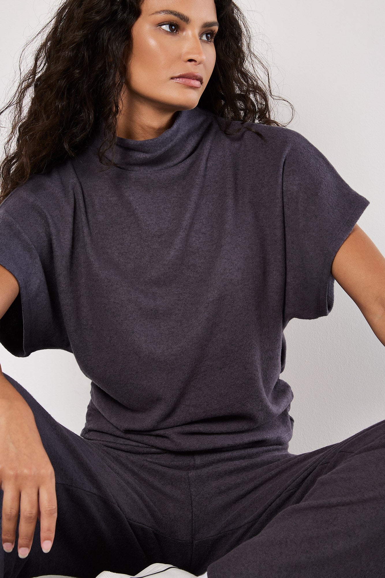 Apricot Soft Touch Side Ruched Top Dark Grey