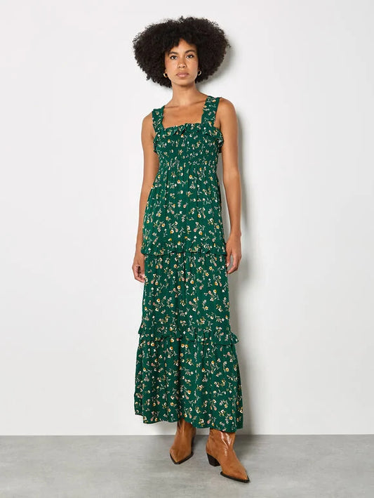Apricot Ditsy Floral Smock Maxi Dress Green