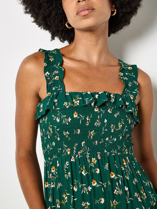 Apricot Ditsy Floral Smock Maxi Dress Green