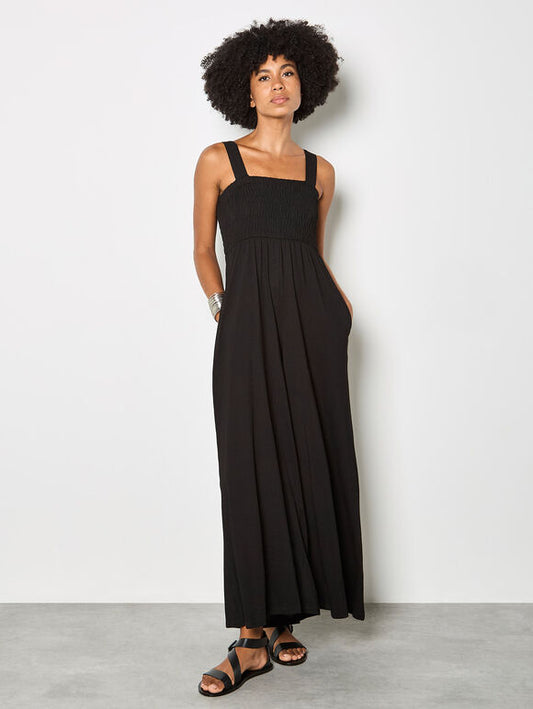 Apricot Smocked Easy Jersey Jumpsuit Black