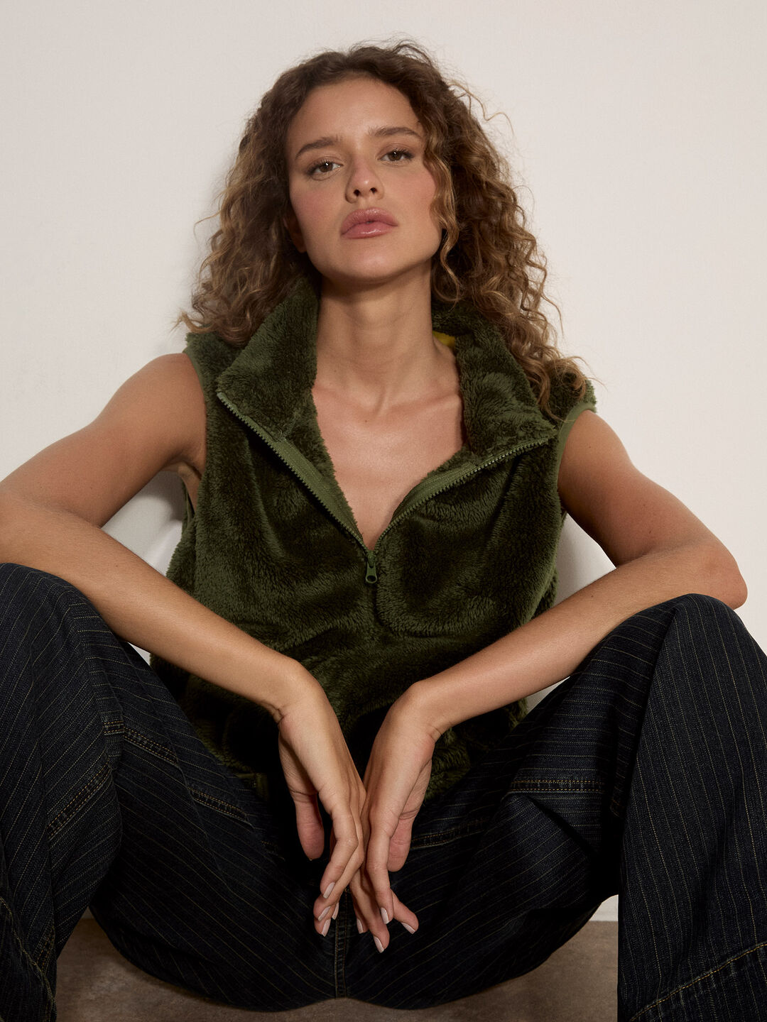 Apricot Fleece Zip Up Gilet Khaki