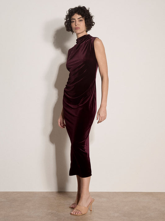 Apricot Velvet High Neck Bodycon Dress Burgundy