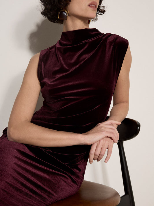 Apricot Velvet High Neck Bodycon Dress Burgundy