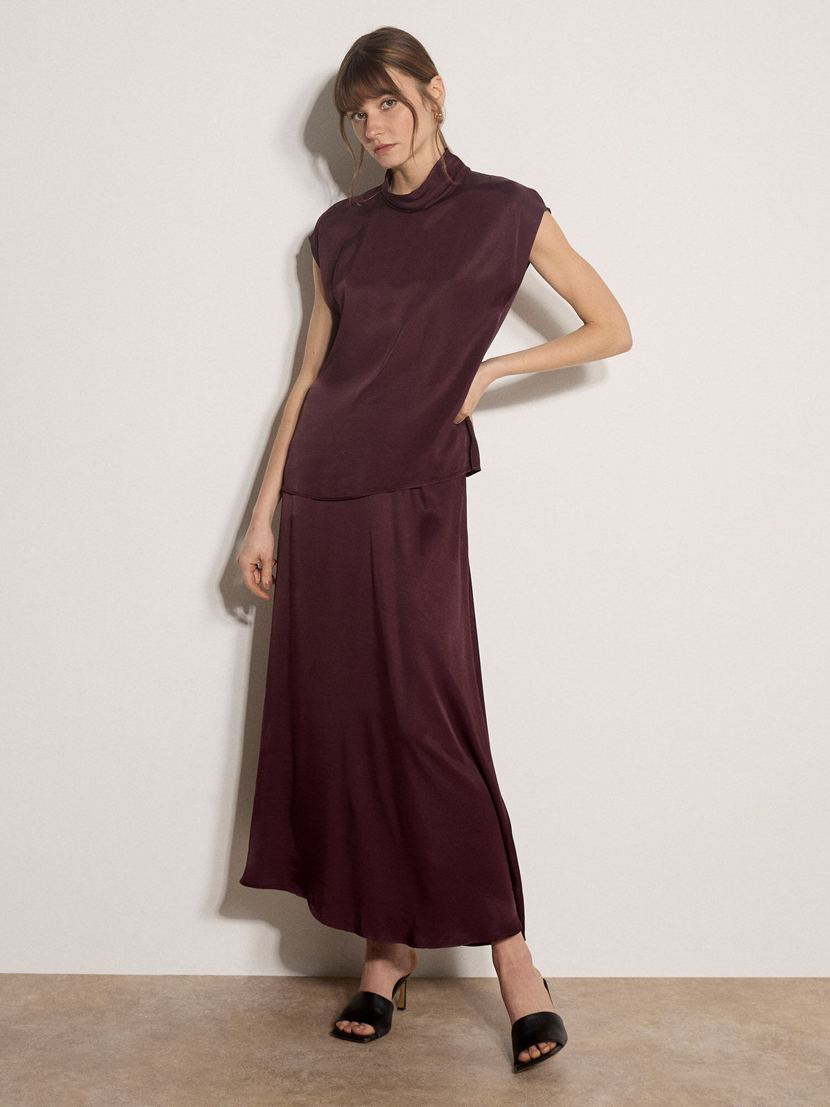 Apricot Flowy Satin Maxi Skirt Purple