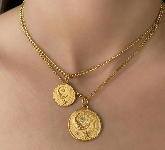 HoopLa -  Athena Luna Coin Charm Necklace- 2 lengths14K gold: Necklace