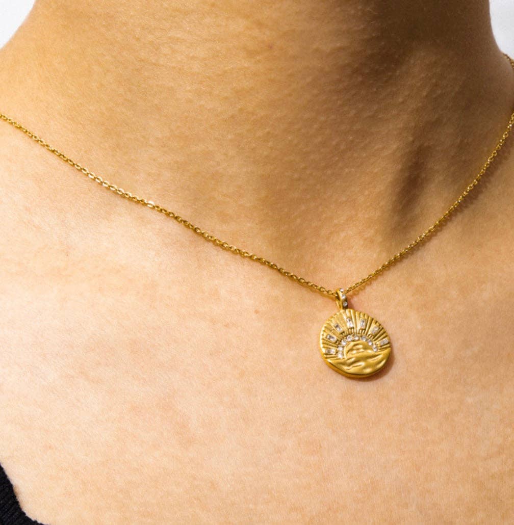 HoopLa -  Mini Pendant- Talisman Protect 14K Gold PVD Necklace: Sun