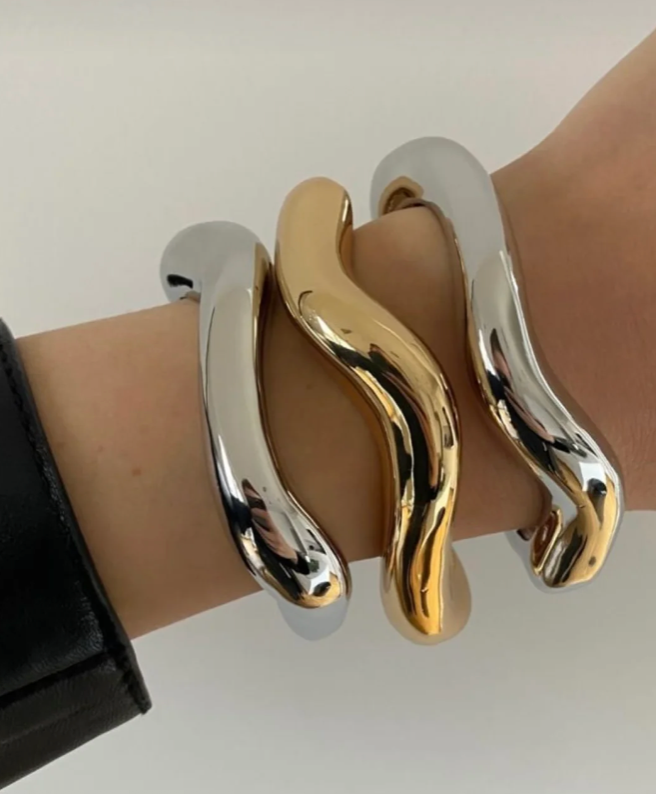 HoopLa - Editorial Wave Cuff Bangle Bracelet-14K Gold PVD- Recycled : Silver