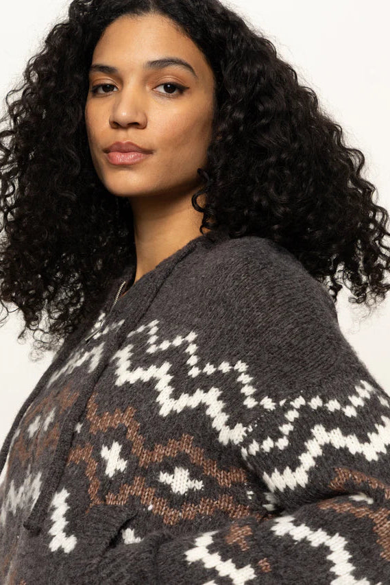 Sanctuary Zip Up Fairisle Hoodie Mocha