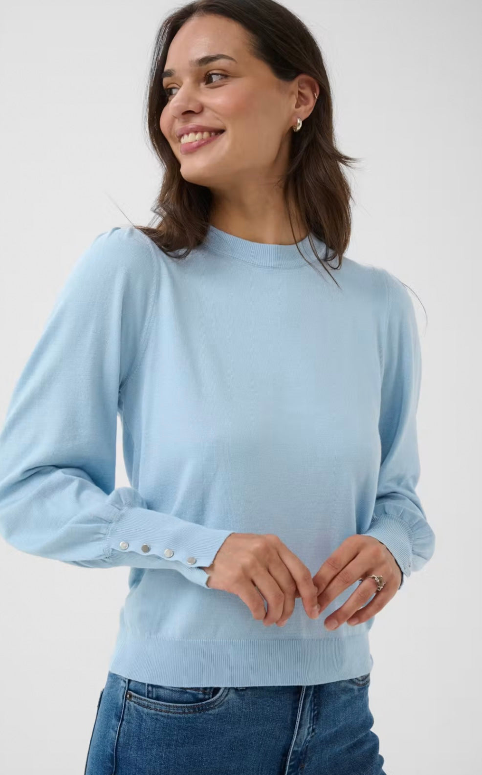 Kaffe KAlizza Round Neck Pullover Buttons Blue Fog