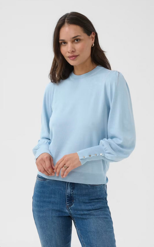 Kaffe KAlizza Round Neck Pullover Buttons Blue Fog