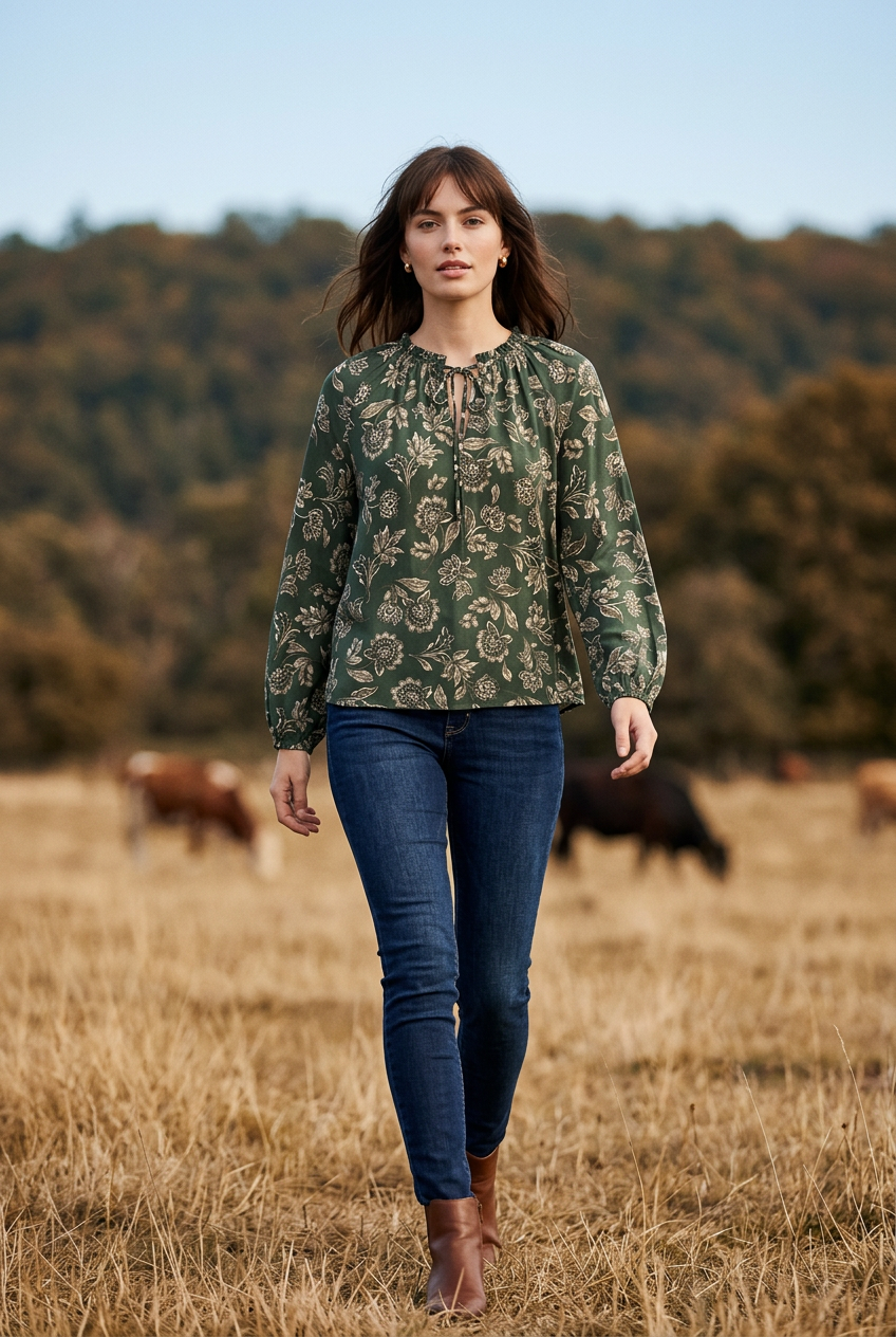 Apricot Painterly Sarasa Ruffle Blouse Green