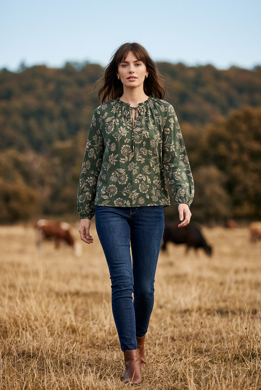 Apricot Painterly Sarasa Ruffle Blouse Green