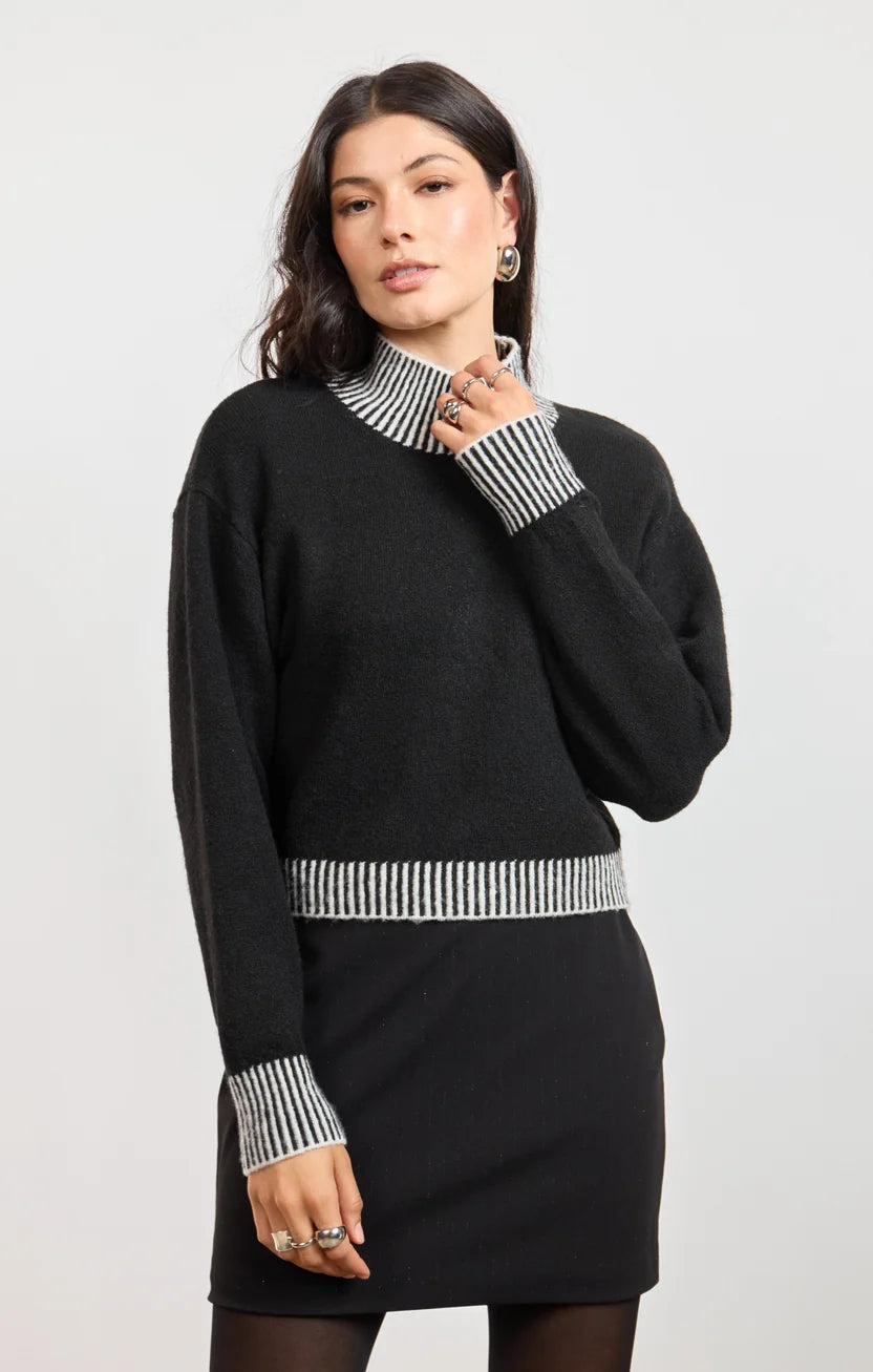 Sage the Label Stacey Contrast Rib Sweater Black Ivory