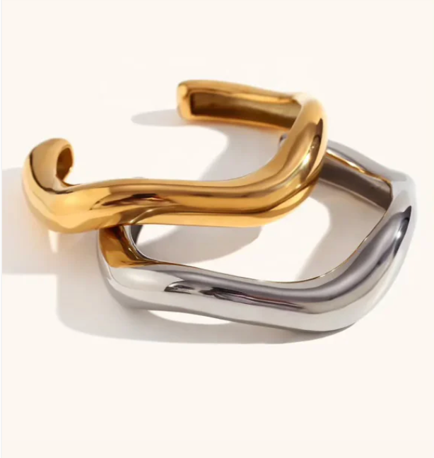 HoopLa - Editorial Wave Cuff Bangle Bracelet-14K Gold PVD- Recycled : Silver