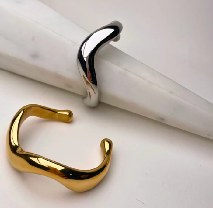 HoopLa - Editorial Wave Cuff Bangle Bracelet-14K Gold PVD- Recycled : Silver